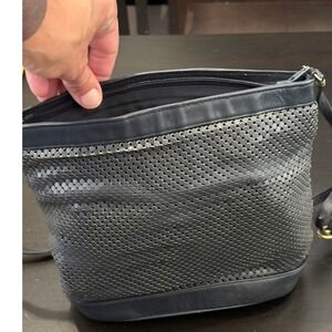 Whiting and Davis Vintage Navy Blue Metal Mesh Crossbody Bag Leather Trim USA
